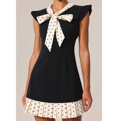 Ribbon V-Neck Pleated Hem Dotted Patchwork Mini Dress