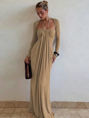 Long Sleeve Draped Tie Neck Maxi Dress