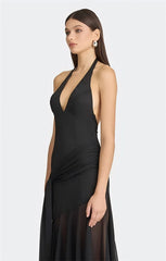 Sheer Halter V Neck Ruffle Pleated Hem Maxi Dress