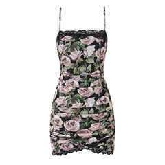 Rose Floral Print Bodycon Spaghetti Strap Mini Dress