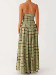 Green Plaid Halter Maxi Dress