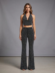 Black Rhinestone Cowl Neck Crop Tie Up Top And Wide Leg Pants Set