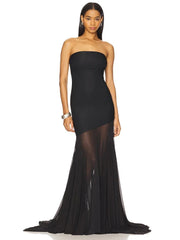 Strapless Mesh Pleats Maxi Dress