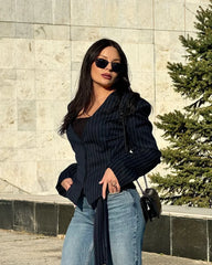 Stripe Tailored Coat With Scarf Top