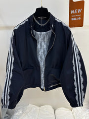Lace Trim Stand-up Collar Zipper Jacket