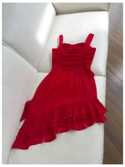 Red Ruffled Sweetheart Neck Strappy Irregular Hem Midi Dress