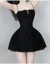 Black Lace Spaghetti Strap Flared Mini Dress