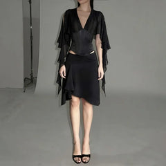 Black V-Neck Frill Slit Sleeve Top And Midi Irregular Skirt Set