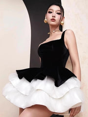 Black Velvet Puff Layered Hem Mini Dress