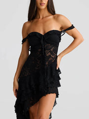 Lace Ruffle Irregular Open Back Midi Dress