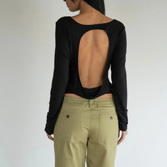 Hollow Open-Back Long-Sleeve Round-Neck Top