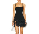 Black Fur Trim Strappy Desgin Mini Dress