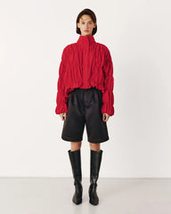 Red Ruched Stand Collar Jacket