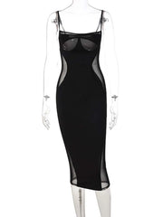 Black Mesh Cut Out Patchwork Midi Dress