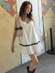 Bow Tie Sleeveless Trim Babydoll Mini Dress