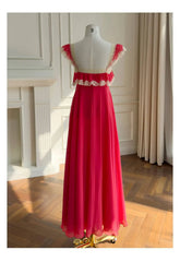 Red Lace Trim Square Neck Ruffle Chiffon Maxi Dress