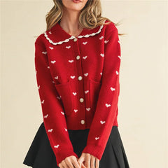 Heart Print Doll Collared Knitted Cardigan