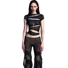 Black Mesh Slits Top