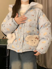 Blue Printed Puff Teddy Hooded Parka Jacket