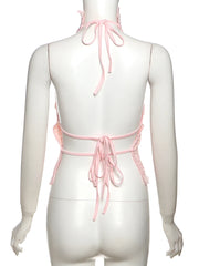Pink Ruched Halter Open Back Top And Fur Sequin Shorts Set