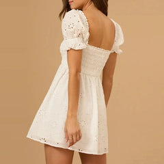 Square Collar Jacquard Puff Sleeve Mini Dress