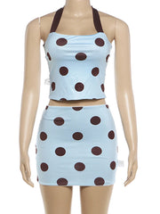 Polka Dot Reversible Halter Crop Top And Mini Skirt Set