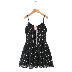 Black Polka Dot 3D Flower Mini Dress