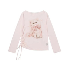 Pink Cat Print Long-Sleeved Top
