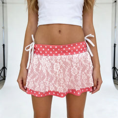 Pink Polka Dot Lace Patchwork Mini Dress