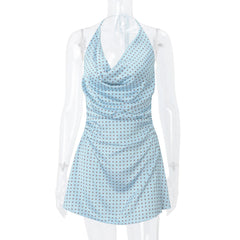 Blue Satin Polka Dot Cowl Neck Mini Dress
