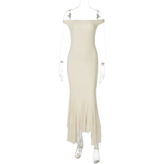 White Off-Shoulder Mesh Irregular Hem Midi Dress