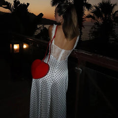 Satin Dotted Print Lace Patchwork Maxi Dress