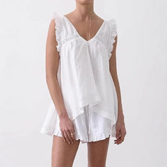 Ruffle V-Neck Tank Top & Tie-up Shorts Set