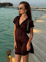 Satin Short Sleeve Bow Back V-Neck Mini Dress