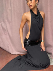 Backless Halter Sequin Patchwork Maxi Dress