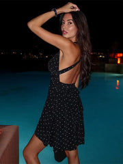 Black Polka Dot V-Neck Sleeveless Mini Dress - Slim Fit