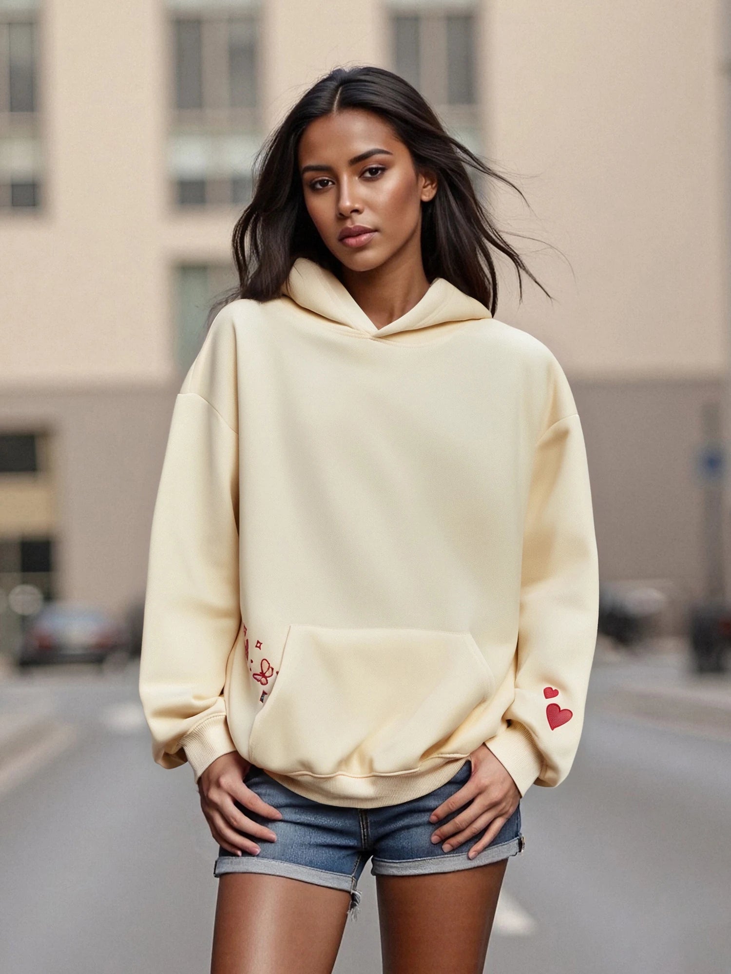 Woman wearing a light yellow hoodie with heart designs on the sleeves, standing on a street.