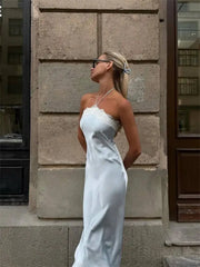 Satin Halter Lace Trim Maxi Dress
