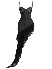 Corset Irregular Ruffle Hem Spaghetti Straps Satin Midi Dress