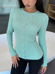 Blue Rhinestone Button Knit Cardigan Top