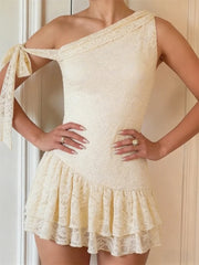 Beige Ruffled Lace One-Shoulder Tie-Up Mini Dress