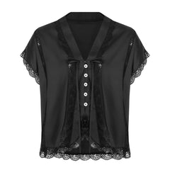 Lace Trim Sheer Tie-up Button Top