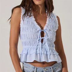 Sleeveless V Neck Bow Smocked Crop Top