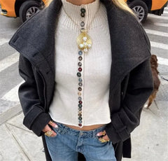 Cropped Turtleneck Knit Colorful Button Cardigan Top