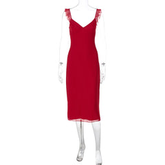 Red Lace Up Sling Midi Dress