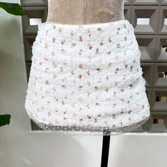 Floral Corset Strap Bow Corset And Mesh Overlay Mini Skirt Set