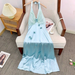 Blue 3D Flower Applique Mesh Halter Midi Dress