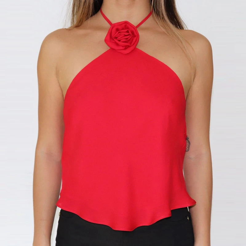 Red halter top with floral design