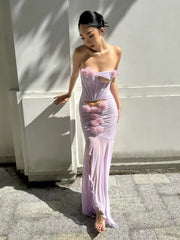 Purple 3d Flower Strapless Slit Cut Out Mesh Maxi Dress
