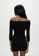 Black Knitted Off-Shoulder Full Sleeve Belt Mini Dress